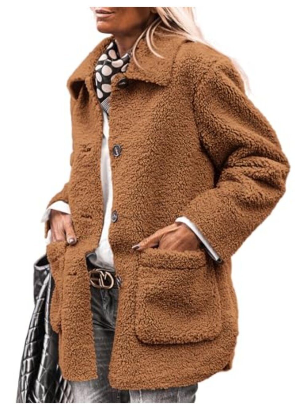 Faux Fur Button Down Sherpa Coat Warm Winter Outerwear with Pockets